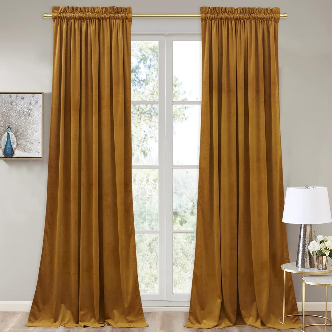 StangH Gold Velvet Curtains 84 inches Long Room Darkening Window Treatment Noise Reducing Privacy Room Divider Drapes for Bedroom/Office, Mustard Gold, W52 x L84, 2 Panels