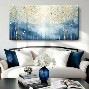 Amatop Large Abstract Art Wall Hanging For The Living Room, Featuring Modern Plant Prints Pictures And Blue And Yellow Tree Artwork For Bedrooms, Bathrooms, Dining Rooms, And Studies. 48X24 Inches.