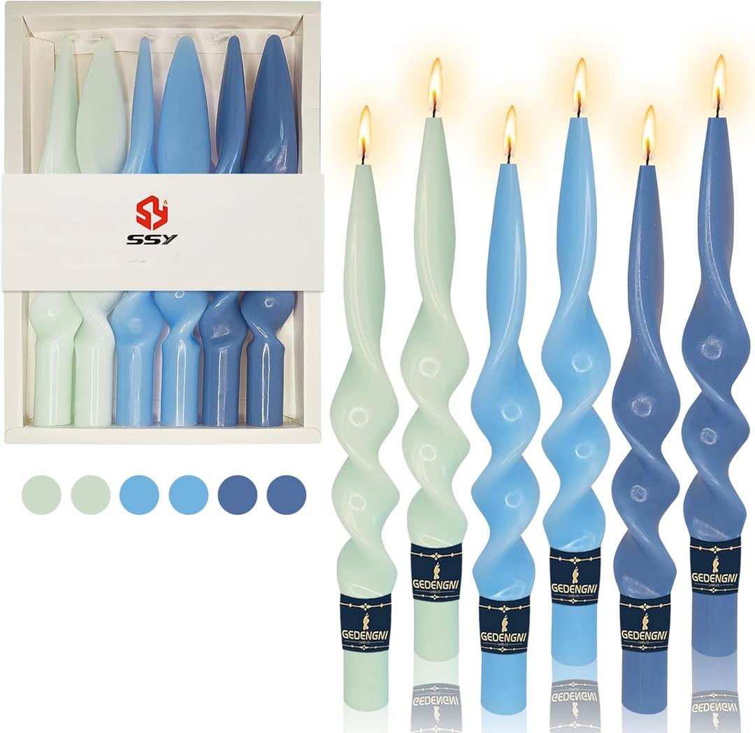 6 x Blue Taper Candle Twist Candlesticks,Gedengni 10inches Long Tapered Candle Cute Candle Sticks Colorful Twisted Candles for Wedding Home Dinner Party Women Gift,Pack of 6 (24D6P-BLUMIX)