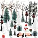 ONESING 32 Pcs Christmas Village Accessories Bottle Brush Trees with Bench Pathway Light Miniature Christmas Village Sets for Xmas DIY Crafts Christmas Holiday