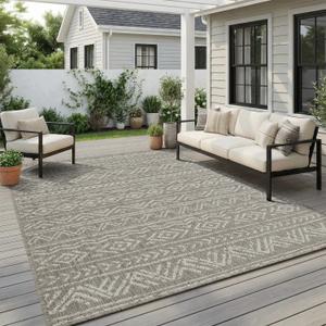MontVoo-Outdoor Rug-Patio Rug 5x7 ft Polypropylene Indoor Outdoor Rugs Outdoor Carpet for Patio Deck Balcony Porch, Textured Weave, Durable for High Traffic, Fade-resistant, Boho Farmhouse Silver Grey