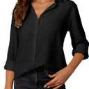 YAMANMAN Womens Button Down Shirt Long Sleeve Classic Collared Tops Work Office Casual Chiffon Blouse (Large, Black)