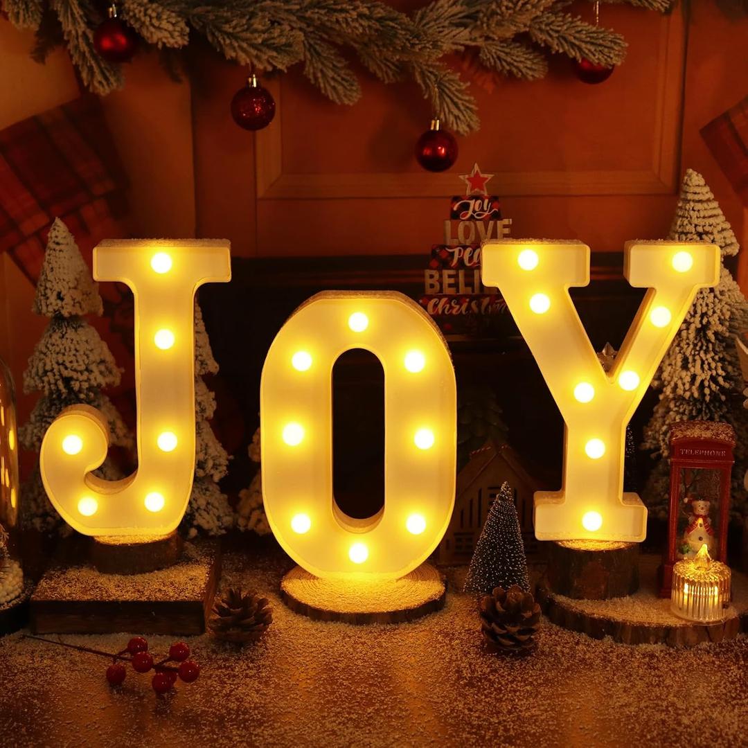 Christmas indoor Decorations,3 LED Marquee Light Up Joy Sign Letters String Lights,Battery Operated Christmas Decorations for Fireplace Mantle Home Bedroom Bar Party Wall Xmas Decor,White
