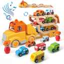Toddler Toys for 2 3 4 5 Years Old Kids, Transport Car Carrier Truck Toy with 6 Wooden Vehicle, 30in Foldable Track Trailer with Light & Sound Effects, Best Gift Choice for Christmas, Birthday