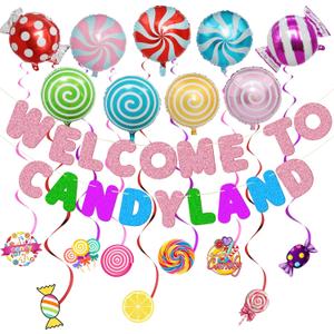 Candyland Party Decorations Suit - Candy Balloons Candies Theme Swirl And Banner for Candyland Birthday Party Baby Shower Candies Shop Classroom Decor