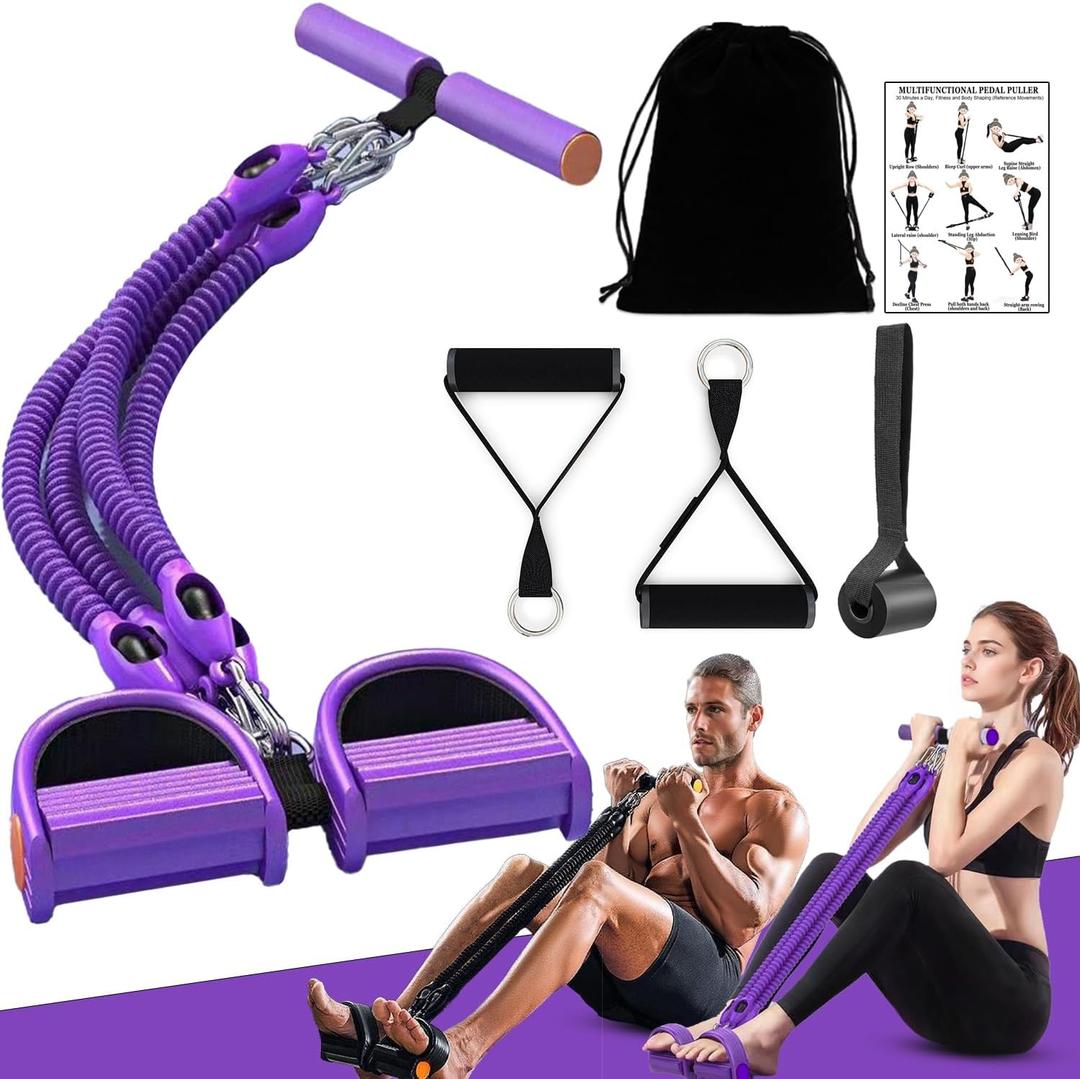 2026 Upgrade Foot Pedal Resistance Band, Adjustable 4-Tube Pedal Ankle Puller Resistance Band with Handle, Multifunction Home Gym Equipment, Stirrup Puller for Men Women for Full Body Exercise -Purple