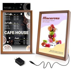 A4 Size LED Acrylic Sign Holder with Walnut Wood Base Frame, Light Up Menu Board Stand, Backlit Poster Display Light Box for Restaurants, Bars, Offices