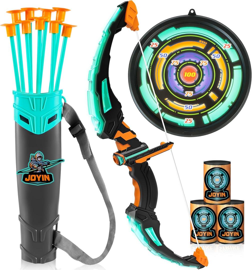 JOYIN Kids Bow and Arrow Set, LED Light Up Archery Toy Set with 9 Suction Cup Arrows, Target & Arrow Case, Indoor and Outdoor Hunting Play Gift Toys for Kids, Boys & Girls Ages 6-12 (Aqua Blue)
