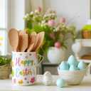 Qinyoung 6.3'' Easter Ceramic Utensil Holder Kitchen Decoration Colorful Spring Egg Bunny Utensil Holder Ceramic Utensils Crock for Rustic Farmhouse Indoor Kitchen Decorations