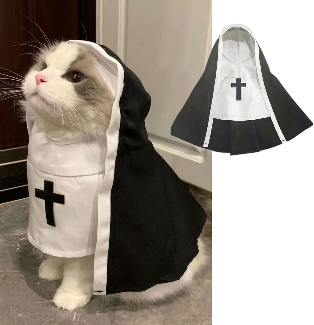 MANON ROSA Cat Costume Nun Dress- Funny Halloween Cloak Outfit for Small Medium Dogs, Cosplay Apparel for Photoshoots Parties Social Media, Adorable Pet Clothing (M(Rec wt.6-12lb))