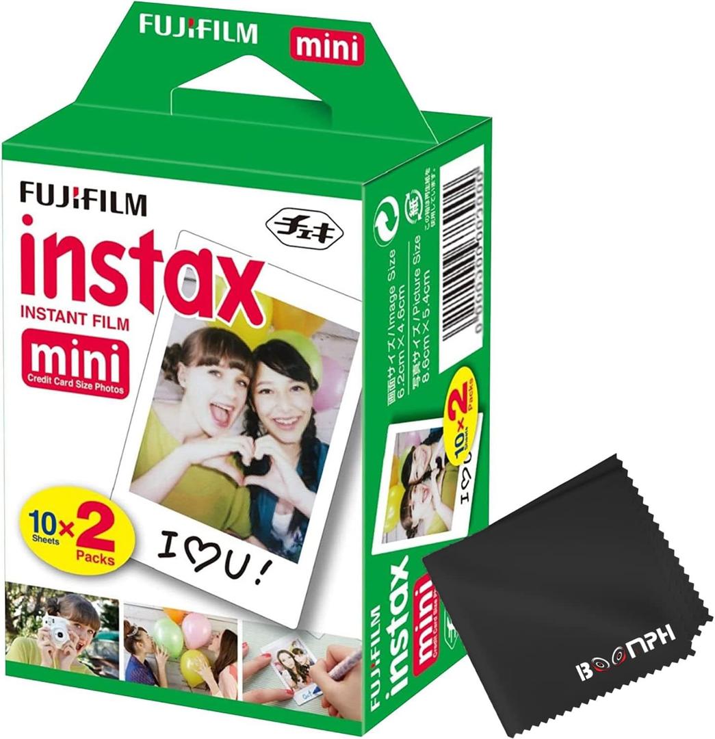 Fujifilm Instax Mini Instant Camera Film: 20 Shoots Total, (10 Sheets x 2) - Capture Memories Anytime, Anywhere - Boomph's Comprehensive Ultimate Performance Cloth Solution for Perfect Picture Quality And 7 Packets 10 ml Bubble Refill Solution Bubble