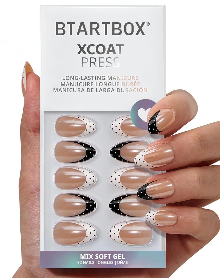 BTArtbox Press On Nails Short - Kismet Duo, Lamp-Curable Polka Dot Chrome French Tip Almond Press On Nails with Glue and Adhesive Tabs for Women in 16 Sizes - 32 Nails All-in-One Kit