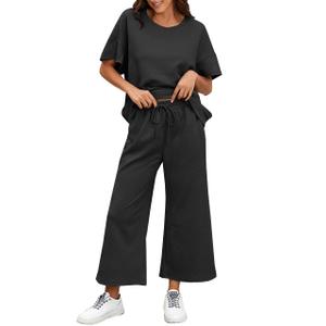 BXBY Women's 2 Piece Outfit Set Summer Lounge Going Out Matching Set Short Sleeve T-Shirt Wide Leg Pants Casual Wear Black (Black, S)