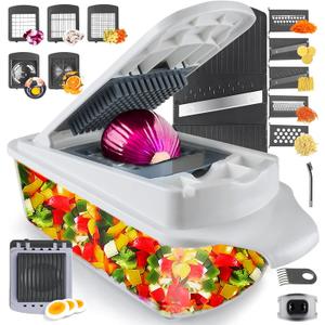 Vegetable Chopper Slicer Onion Dicer, Multi 22-in-1 Veggie Mandoline Food Cutter for Tomato Fruit with Lemon Squeezer, E-Recipe, 11 Blades, Egg Separator & Slicer, Container