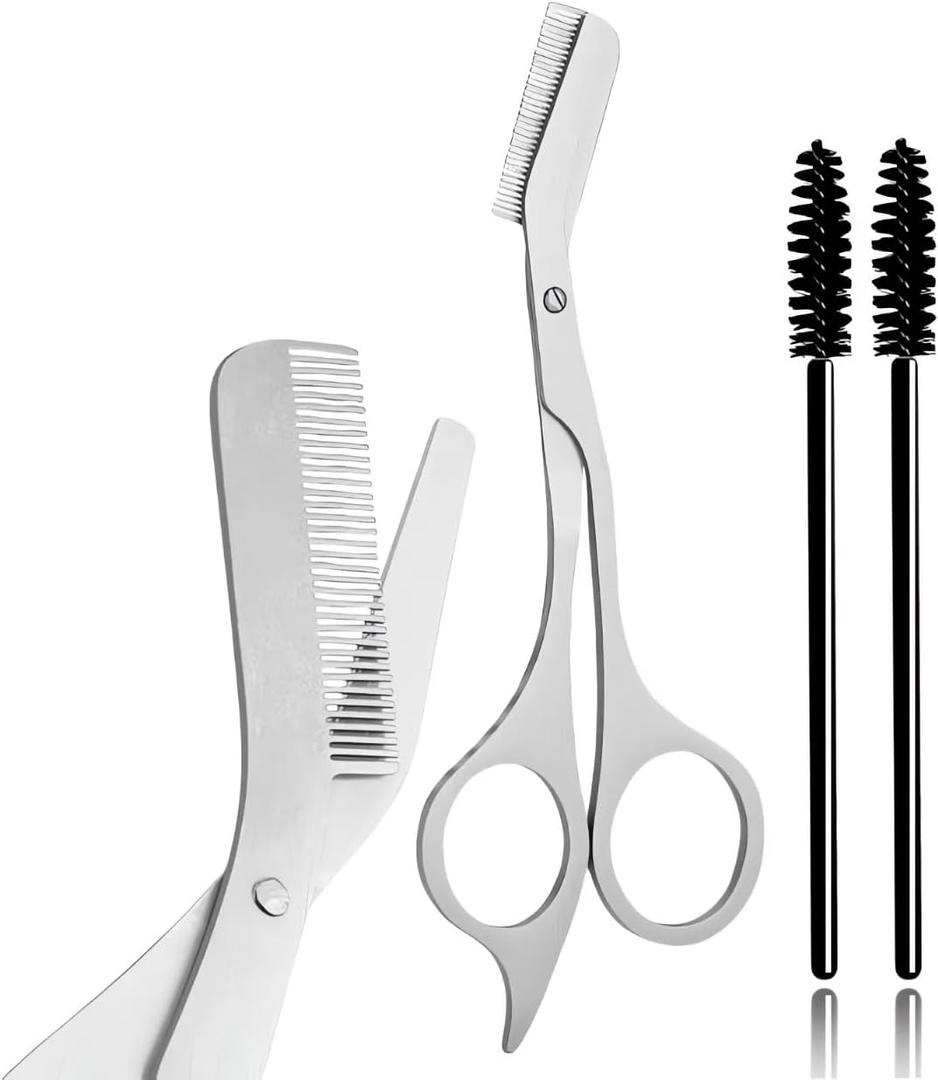 Eyebrow Trimming Scissors with Comb & Brush Set Professional Grooming Kit for Precise Eyebrow Shaping at Home/Salon, Stainless Steel Sharp Eye brow Razors for Women & Men (3-Piece Set)
