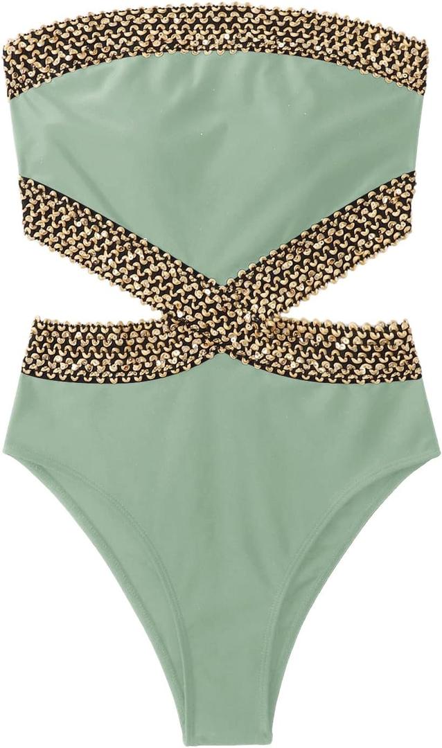Milumia Women's Stitch Detail Strapless One Piece Swimsuit Cut Out Bandeau Bathing Suit (Green, L)