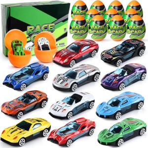 Cleboen Race Car Surprise Egg Set for Kids, 12 Pack Blind Eggs with Alloy Race Car Toys Inside, Ideal Birthday Gift for Boys, Easter Egg Hunt Basket Stuffers Filler, Easter Gifts Party Favors