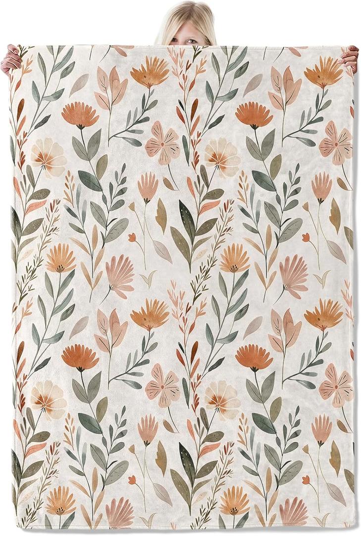 Floral Fall Garden Blanket 5060 Inch,Soft Beige Botanical Lightweight Flannel Throw with Autumn Wildflower,Boho Rustic Farmhouse Home Decor,Gifts for Girls,Women