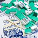 Blue and White Chinoiserie Pavilion Mahjong Mat with Rules for Table 31.5x31.5, Traditional Chinese Non-Slip Noise Reduction Mahjong Table Mat for Poker Board Games Card Games Dominoes