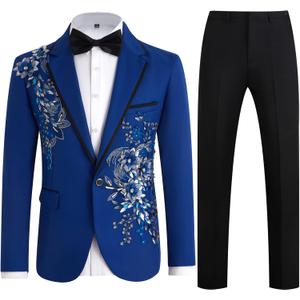 Mens Suits Slim Fit 2 Piece Formal Tuxedo Suits Blazer Pants with Bow Tie for Wedding Prom (Blue, M)
