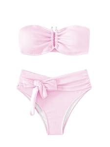 WDIRARA Women's 2 Piece Bikini Set Rib Knit Strapless Knot Front High Waist Swimsuit Set (Light Pink)