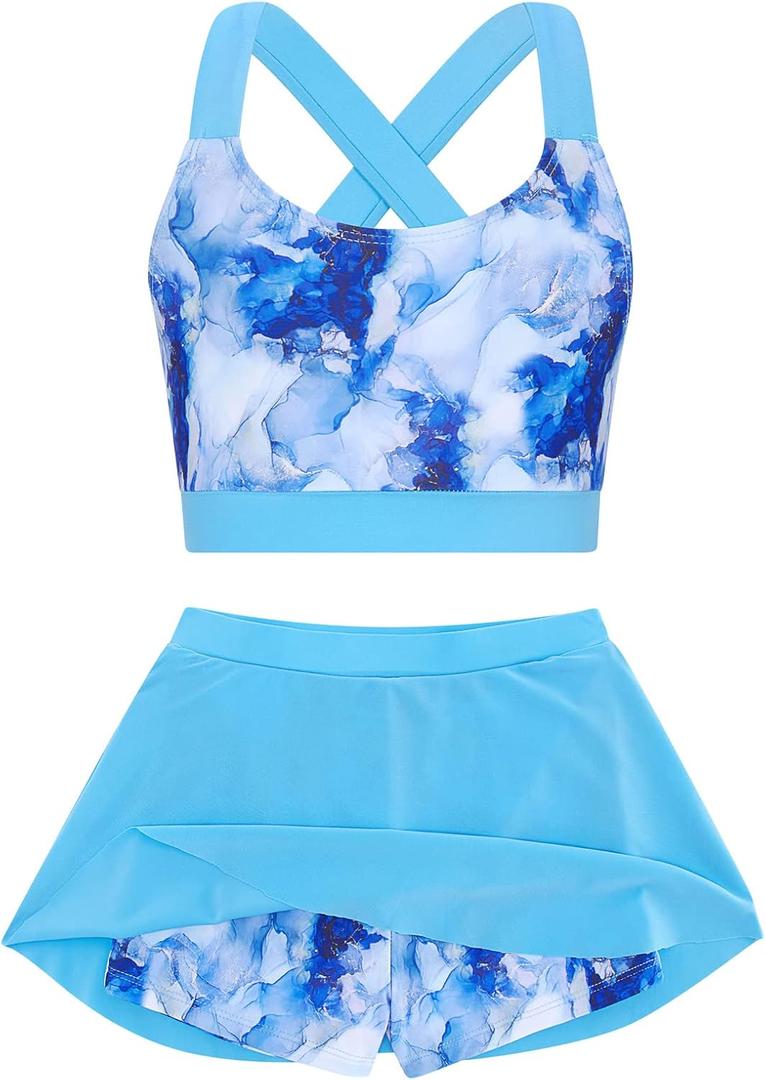 Cutemile 5-16 Years Girls Two Piece Tankini Swimsuit with Boyshort Bathing Suit Quick Dry Beach Swimwear (Blue)