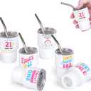 21st Birthday Shot Glass with Lids and Straws, 3 oz Stainless Steel Sublimation Mini Tumblers, 21st Birthday Gifts for Him or Her for Drink Cocktail Bar Beach Party Decorations (6 Packs)