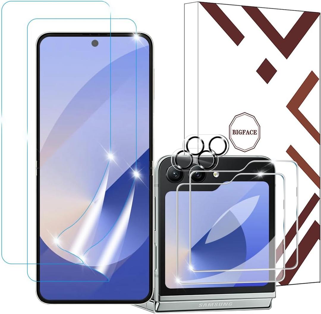 BIGFACE [6 in 1] for Samsung Galaxy Z Flip 6 - 2 Pack Screen Protectors (E PU Film + Tempered Glass) + 2 Pack Camera Lens Protectors