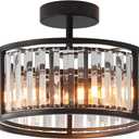 Black Flush Mount Ceiling Light, 2- Light Caged Crystal Chandelier, Small Drum Hallway Light fixtures Ceiling Mount (Black)