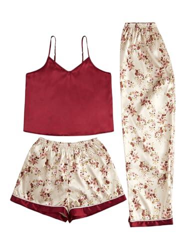WDIRARA Women's 3 Pieces Sleepwear Letter Graphic Print Lettuce Trim Cami Top with Shorts and Pants Pajama Set (Medium , Burgundy)