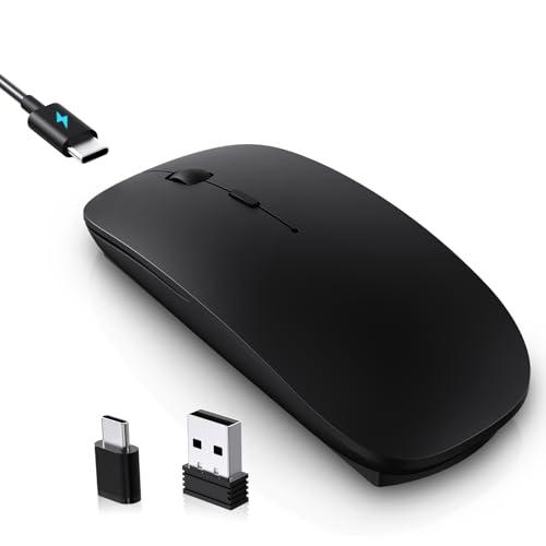 cimetech Rechargeable USB C Mouse, Type C Wireless Mice for MacBook Air, USB-A & Type-C Receiver, Portable Lightweight Optical Design, Quiet Click, for Computer PC Laptop (C-Charging Port) - Black
