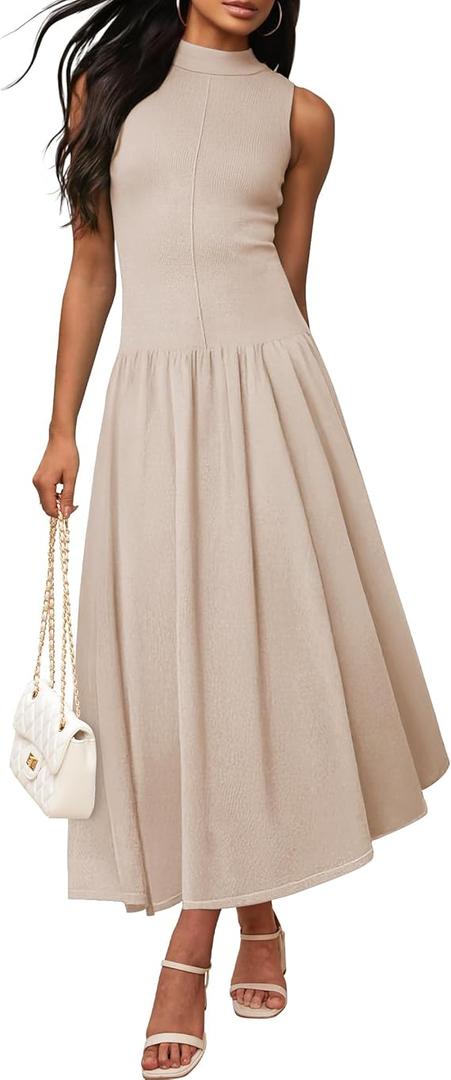 ZESICA Women's Summer Sleeveless Tank Maxi Dress 2025 Mock Neck Ribbed Knit High Waist Flowy Wedding Guest Long Dresses, M, Apricot