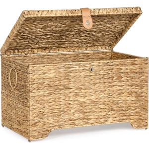 Handwoven Storage Basket with Lid, 165L Wicker Storage Bin, Natural Water Hyacinth, Leather Buckle & Metal Frame, Metal Ring Handles for Easy Transport, Storage Chest & Trunk for Bedroom, Living Room