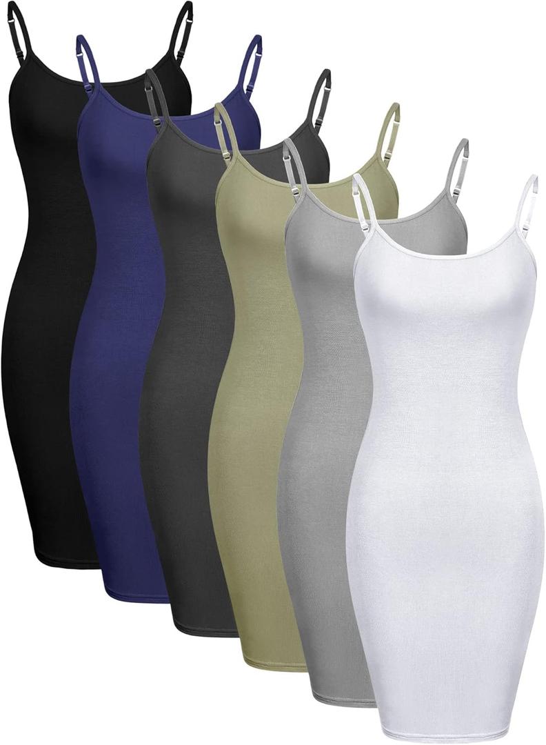 Geyoga 6 Pack Women's Cami Dress, Long Tank Dress Spaghetti Strap Slips for Under Dresses, Long Camisoles for Layering (Large)