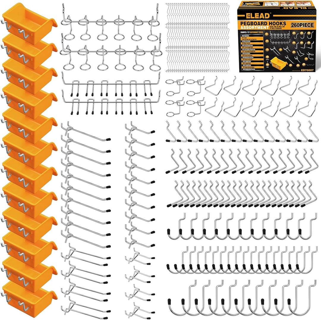 ELEAD 260 Piece Pegboard Hooks 1/8 and 1/4 inch Peg Board Organizer Accessories with Pegboard Bins for Organizing Various Tools in The Garage, Workshop & Craft Room (Yellow)