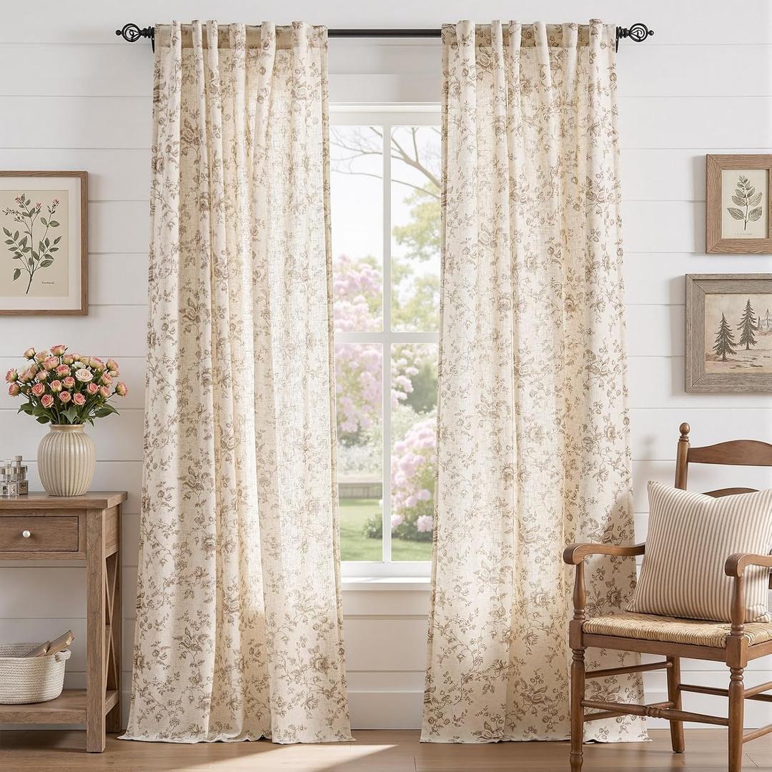 jinchan Amlie Linen Floral Curtains 96 inch Length Curtains for Living Room Bedroom Farmhouse Country Decor Drapes Light Filtering Window Treatment Back Tab Rod Pocket 2 Panels Taupe