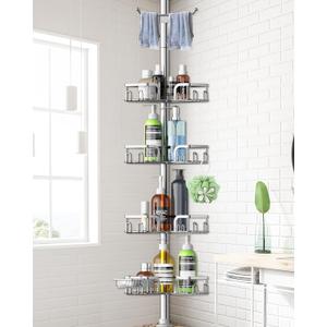 Corner Shower Caddy Tension Pole 4 Tier Adjustable Stainless Steel Shower Shelf for Inside Shower Bathtub Shampoo,Standing Bathroom Organizer Shelves with 39 to 113 inch Height