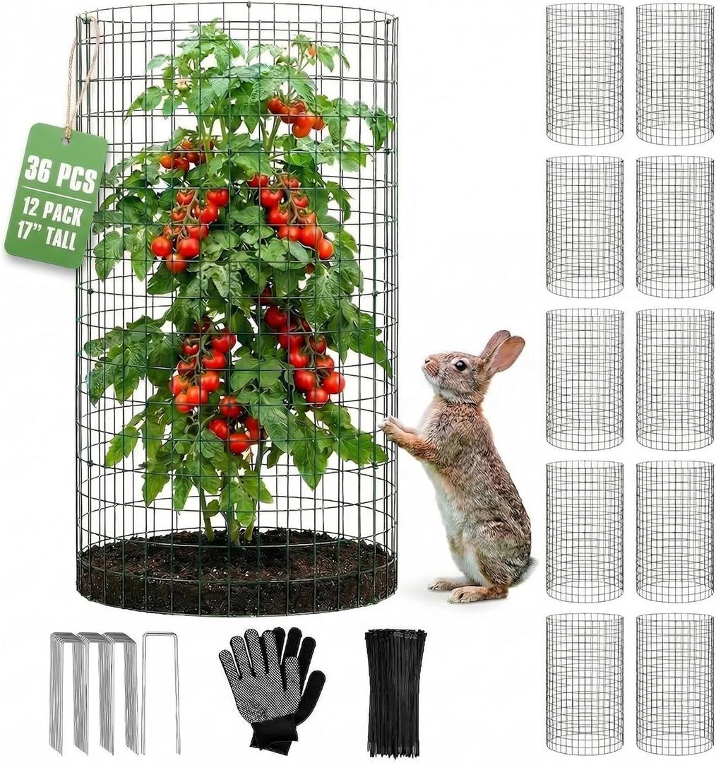 12 Pack 17" x 12" Tall Round Plant Cage - 36PCS Plant Support Cage Metal Wire Mesh Plant Protector for Outdoor Gardening Supplies Garden Protection Rabbits Chickens Ducks for Vegetables Flowers Shrubs