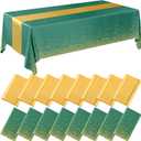 Tudomro 16 Pcs Green and Gold Disposable Plastic Tablecloths and Satin Table Runner Set 54x108 Inch Tablecloth 12x108 Inch Table Runners for New Year Wedding Birthday Baby Shower Graduation