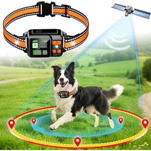 GPS Wireless Dog Fence System, Electric Dog Fence Using GPS Electric Satellite Technology, IPX7 Waterproof Rechargeable Design, GPS Dog Collar Has 2 Modes Circular and Free-Form Fence (Orange)
