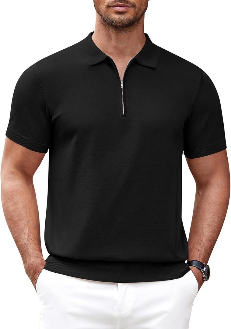 COOFANDY Men's Zipper Polo Shirt Casual Knit Short Sleeve Polo T Shirt Classic Fit Shirts (Black, XXXL)