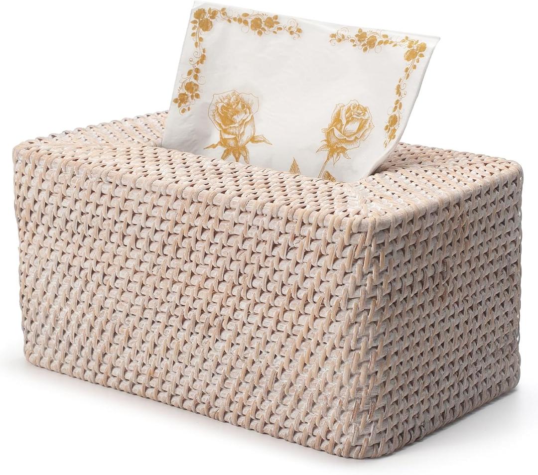 YANGQIHOME Rattan Tissue Box Cover, Rectangle Wicker Tissue Box Holder, Boho Facial Tissue Holder for Living Room, Bathroom, Kitchen, Bedroom, 10.2 x 6.2 x 5.3 inch, Whitewash
