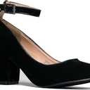 J. Adams Ankle Strap Pump Heel -Comfortable Round Toe Dress Block Shoe - Darling, Black Suede, 6 