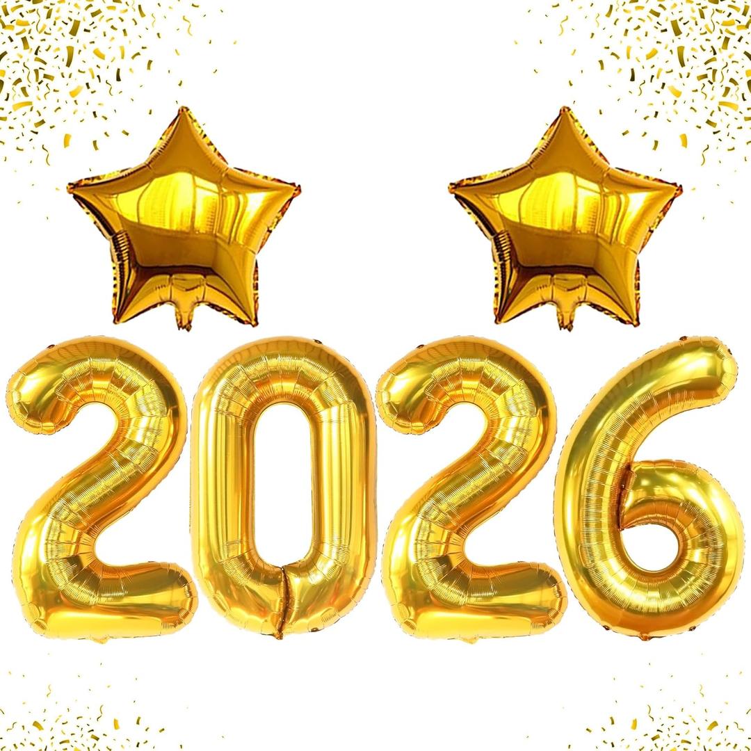 Katchon, Giant Gold 2026 Balloons - 40 Inch | Star Foil Balloons and 2026 Number Balloons for New Years Decorations 2026 | NYE Decorations | New Year Balloon | New Years Eve Party Supplies 2026
