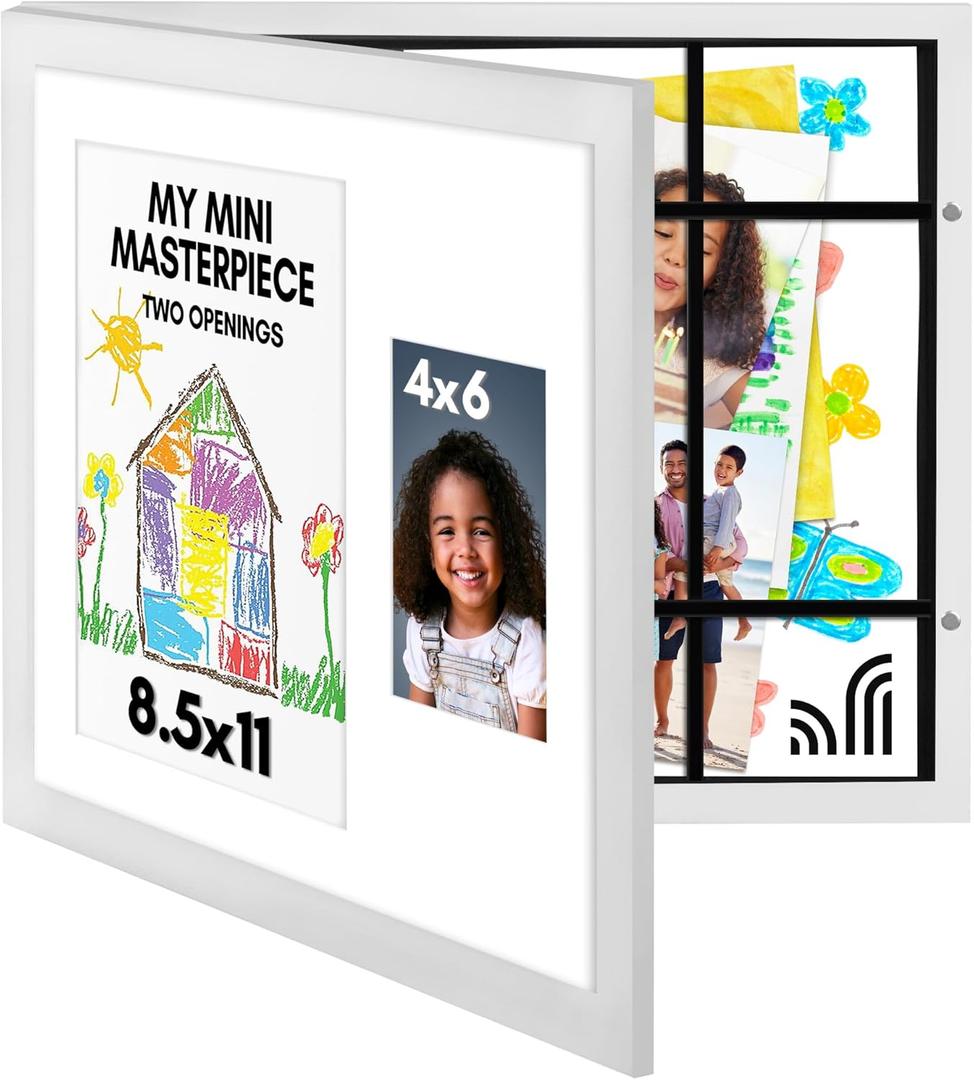 Americanflat Kids Art Frame with Two Openings and Storage - Use as 8.5x11 Picture Frame for Kids Art Display and One 4x6 Photo - My Mini Masterpiece - Changeable Display - White