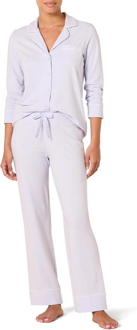 Amazon Essentials Women's Long Sleeve Cotton Modal Pajama Set, Loungewear with Full-Length Bottom (Large, Pale Blue)