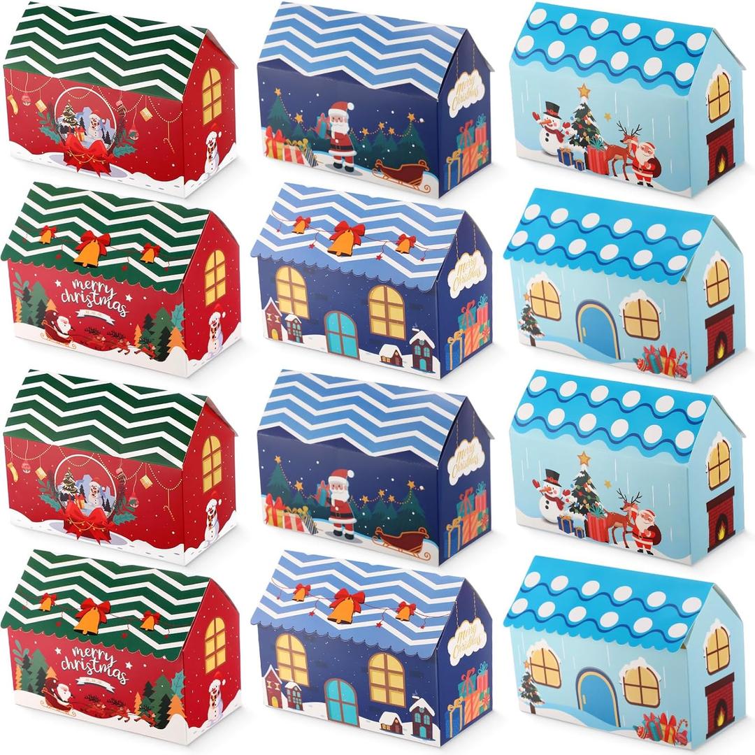12 Packs Christmas Gift Boxes Christmas Candy&Cookie Boxes, Christmas Pattern Gift Wrap Bags ,Candy boxes for Gift Giving ,House Shaped Christmas Gift Boxes for Holiday Party,Christmas (Three Fresh