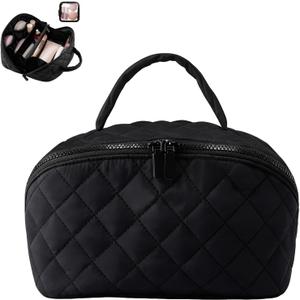 Travel Makeup Bag for Woman, Puffy Padded Quilted Makeup Bag, Lay Flat Makeup Bag, Large Capacity Pouch Open Flat Small Toiletry Bag with Brush Compartment & Handle (Black)