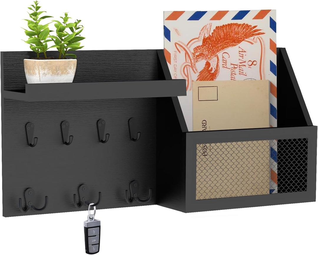 Key Holder Wall Mount Pine Wood 16 X 8 Mail Organizer Farmhouse Key Rack for Wall with Hooks and Shelf, Rustic Wooden Key Hanger for Entryway (Rustic Black)