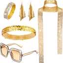 Sasylvia 5 Pcs 70s Disco Accessories Halloween Women Costume Jewelry Sequin Scarf Earrings Sunglasses Bracelet Headband (Gold)